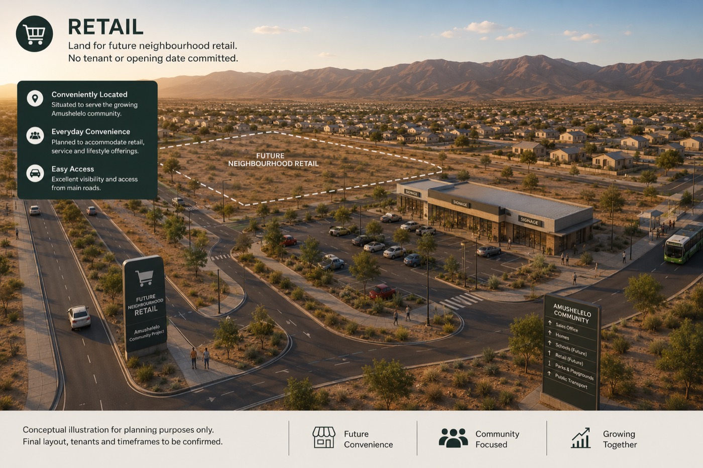 Concept illustration — land set aside for future neighbourhood retail beside a main road
