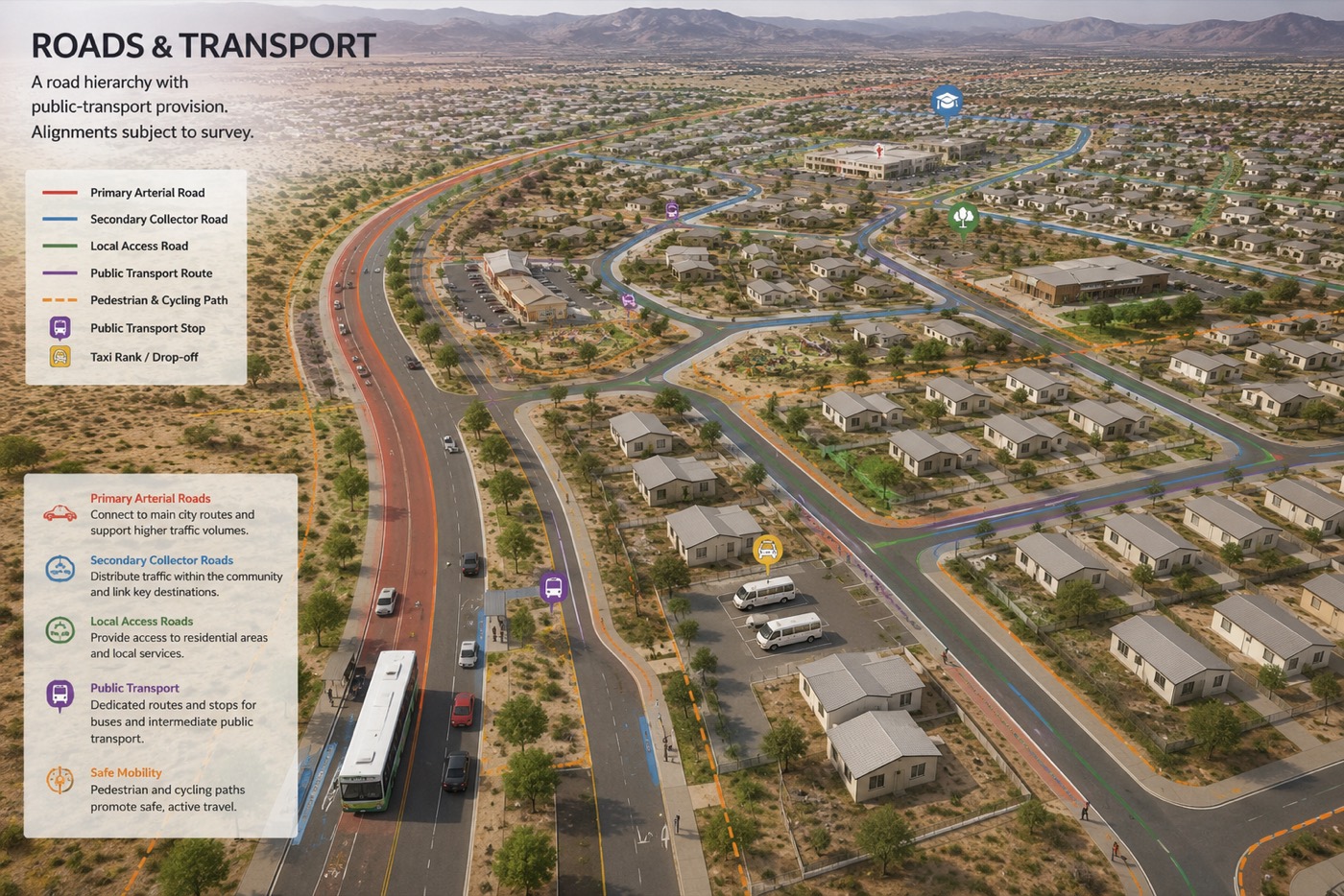 Concept illustration — primary, collector and local roads, public-transport routes and stops, and pedestrian and cycling paths