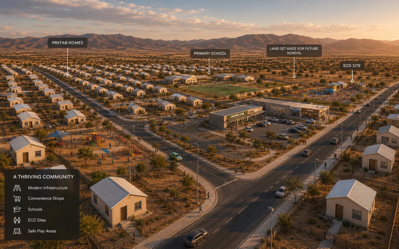 Concept illustration — rows of homes with a primary school, an ECD site, shops and play areas