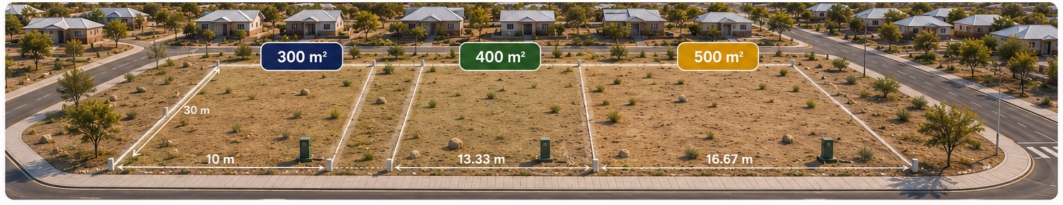 Three adjacent plots marked out side by side on cleared ground, labelled 300 m², 400 m² and 500 m², with illustrative frontages of 10 m, 13.33 m and 16.67 m against a 30 m depth